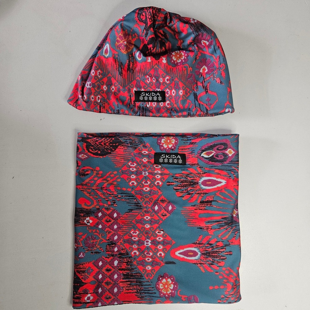 Skida Neck Warmer Beanie Set Kilim Red Teal Ikat Fleece Lined Winter Accessories